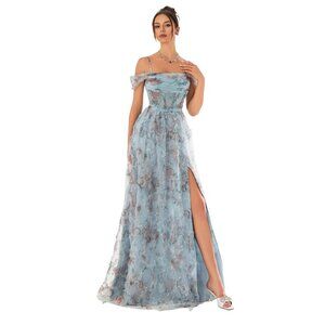 Women Fairy Formal Cold Shoulder Tulle A-Line Ruched Long Corset Prom Dress
